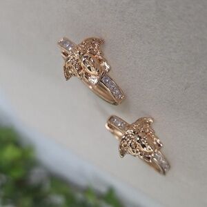 Rose Gold Medusa Face Motif Design Huggie Hoop Earrings CZ Accents